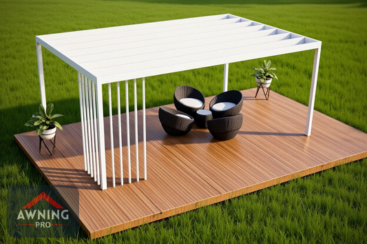 Render: White aluminium pergola with vertical slats and minimalist outdoor seating.