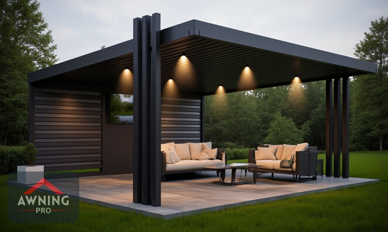 Render: Minimalist Patio Ceiling Awning with integrated lighting and natural landscaping