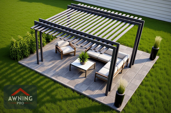 Render: Bronze aluminium pergola in a landscaped patio setting