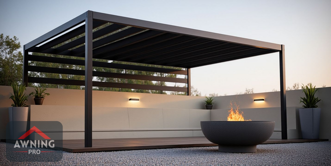 Render: Contemporary patio setting with integrated awning and ambient fire feature